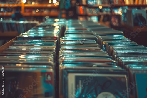 Vintage vinyl record collection in a cozy music shop