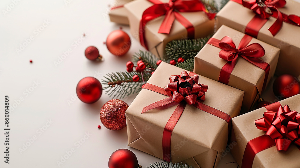 wide horizontal red and gold Christmas party background banner with wrapped and decorated gift boxes on a table with blank white space wide horizontal red and gold Christmas party background banner with wrapped and decorated gift boxes on a table with blank white space