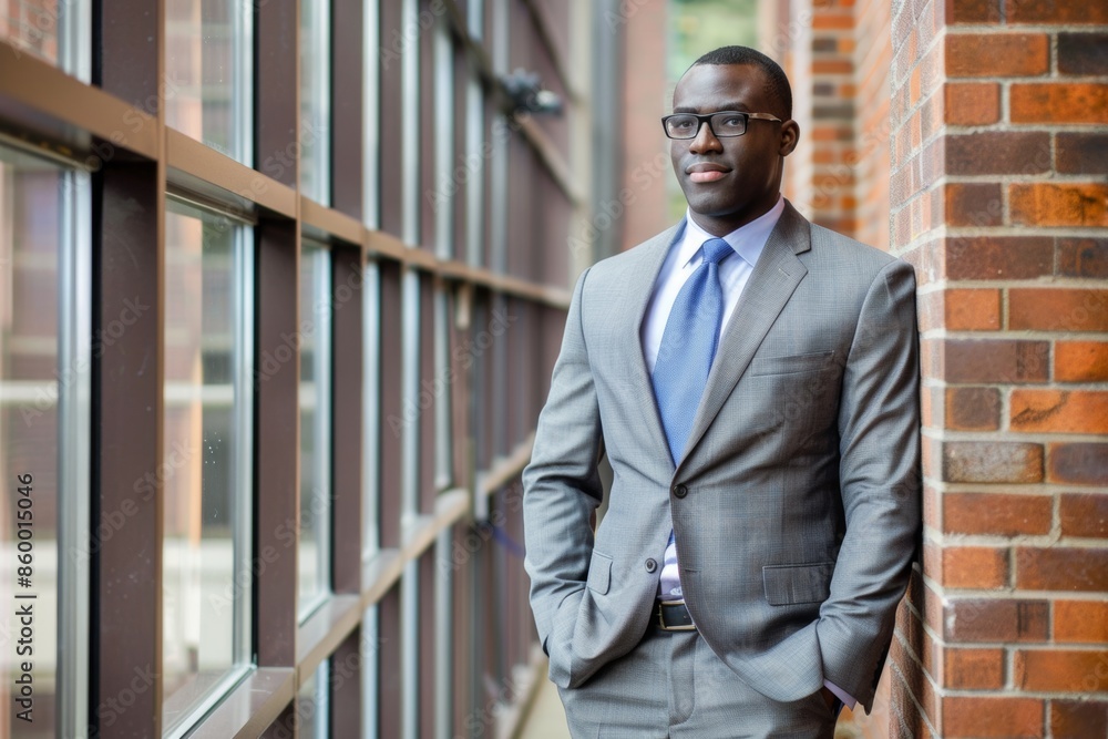 Confident businessman standing by office building Confident businessman standing by office building