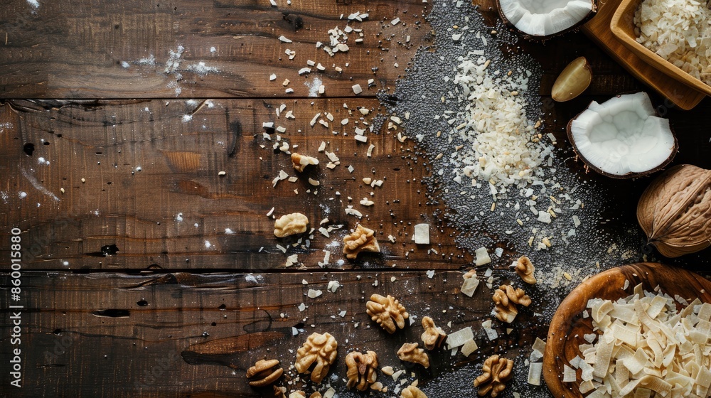 Coconut shavings poppy seeds and walnuts on wooden surface for vegetarian baking Top view with empty space Coconut shavings poppy seeds and walnuts on wooden surface for vegetarian baking Top view with empty space