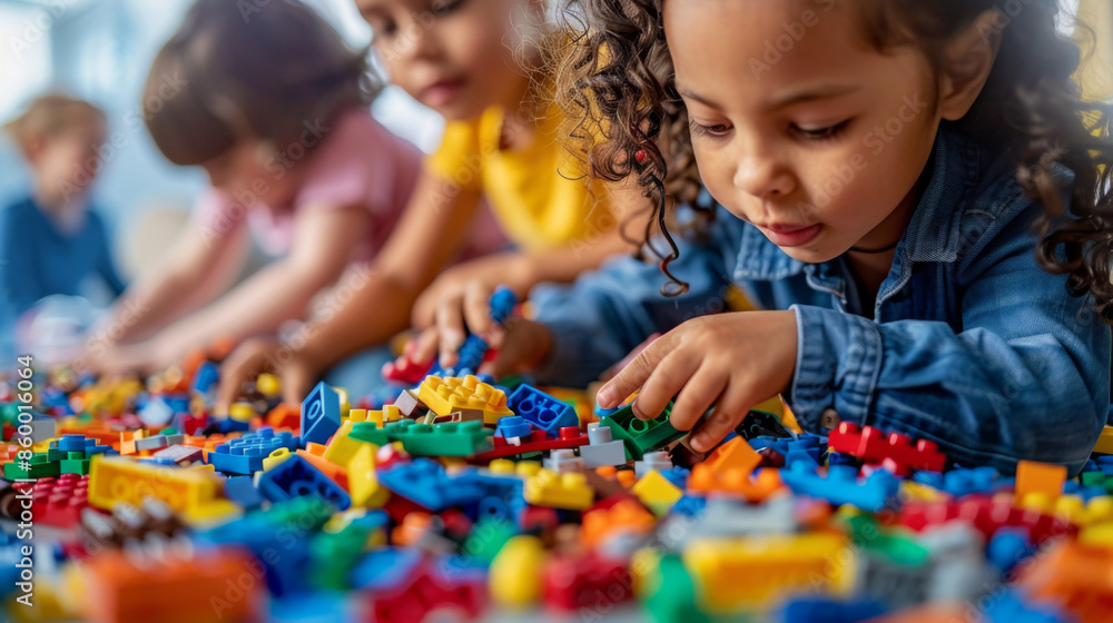 Group of children playing with vibrant building blocks, focusing on creativity and teamwork in a fun learning environment. Group of children playing with vibrant building blocks, focusing on creativity and teamwork in a fun learning environment.