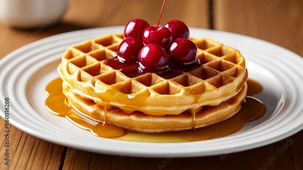 Deliciously indulgent waffle with cherries and syrup Deliciously indulgent waffle with cherries and syrup