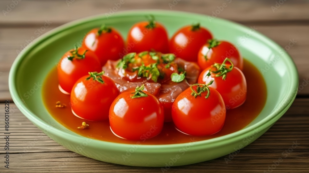 Fresh cherry tomatoes in a light broth garnished with herbs Fresh cherry tomatoes in a light broth garnished with herbs