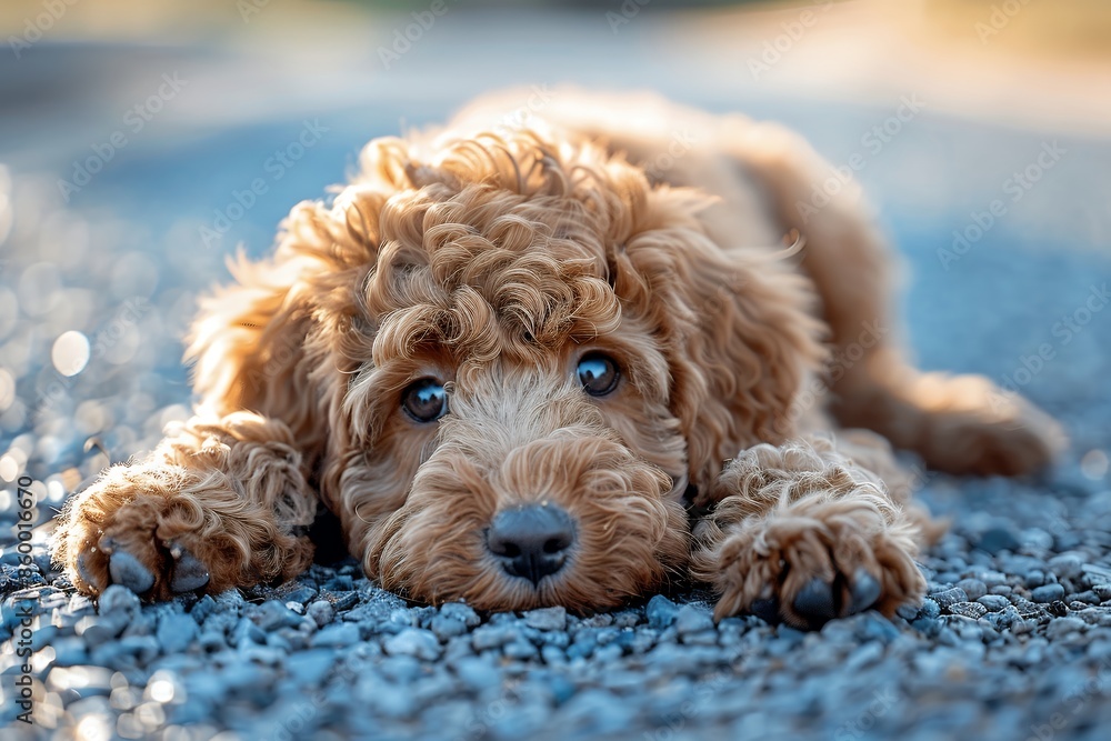 A brown curly-haired labradoodle puppy lies on the blue gravel, the light of dawn shines in its eyes. The photo has a soft, professional look with soft shadows and clean, sharp focus. It appears to be A brown curly-haired labradoodle puppy lies on the blue gravel, the light of dawn shines in its eyes. The photo has a soft, professional look with soft shadows and clean, sharp focus. It appears to be