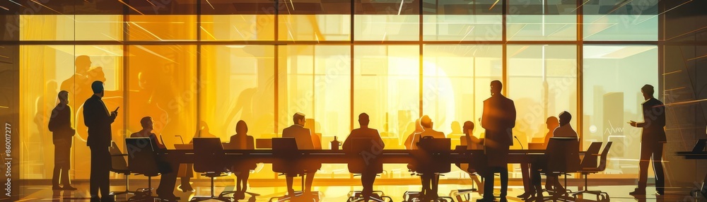 Business meeting in a modern office with large windows and sunlight streaming in, showcasing a professional work environment. Business meeting in a modern office with large windows and sunlight streaming in, showcasing a professional work environment.