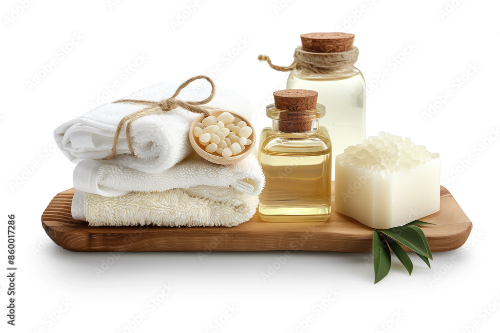 Spa product arrangement isolated on a white background. Created with Generative AI technology. Spa product arrangement isolated on a white background. Created with Generative AI technology.