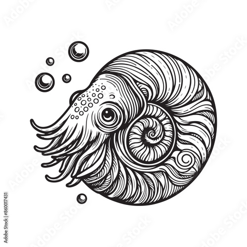Line art of nautilus cartoon vector