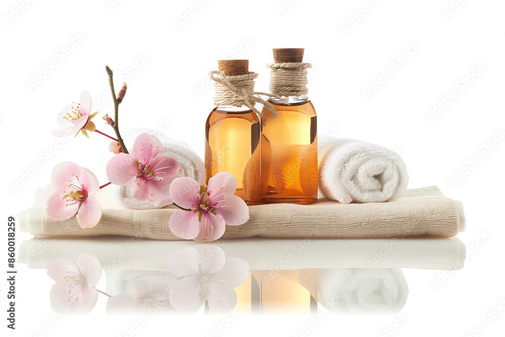 Spa product arrangement isolated on a white background. Created with Generative AI technology. Spa product arrangement isolated on a white background. Created with Generative AI technology.