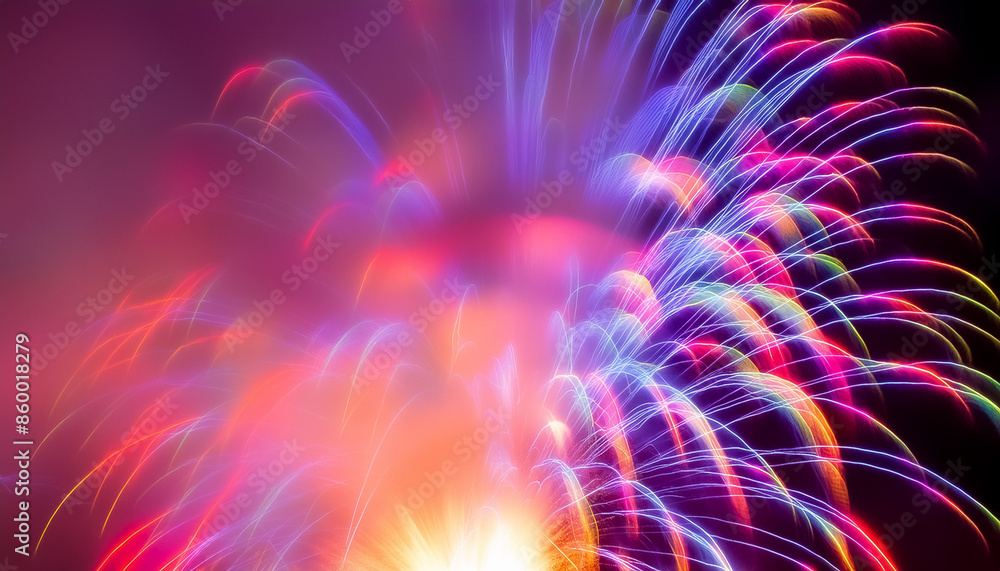 Fototapeta premium 花火 カラフル 長時間露光 祝祭 夜景 輝き 煌めき 光線 黒背景 鮮やか お祝い 光の軌跡 輝く 輝き 照明 クリエイティブ デザイン アート 視覚効果 祝賀