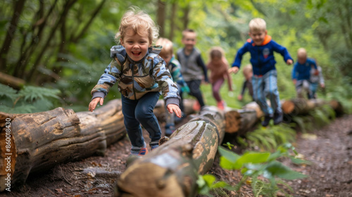 Group of children balancing on fallen logs in a forest, enjoying outdoor play and developing coordination and balance skills.