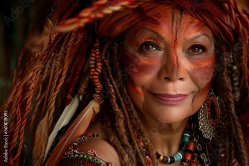 Vibrant tribal elder woman with traditional face paint and headwear photo