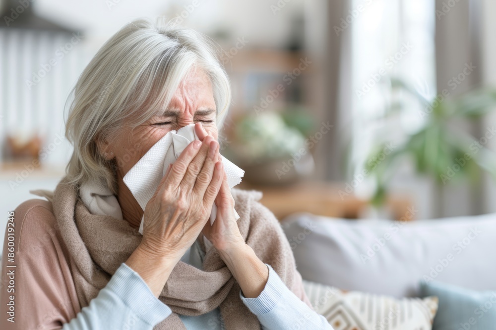 Senior woman sneezing into tissue at home Senior woman sneezing into tissue at home