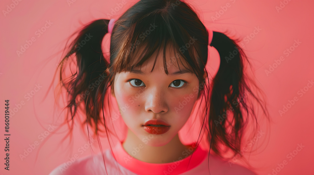 Pink background portrait of a young Asian woman with pigtails : Generative AI Pink background portrait of a young Asian woman with pigtails : Generative AI