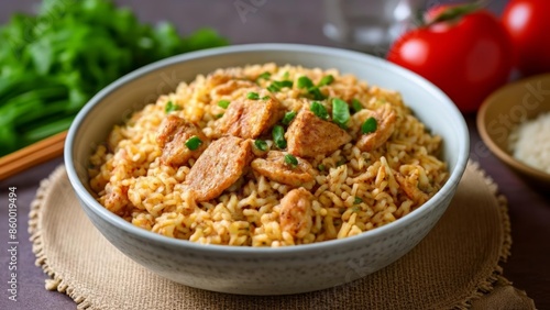  Deliciously seasoned rice with chunks of meat and herbs ready to be savored