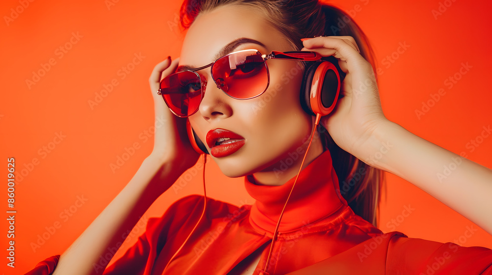 Indoor fashion autumn portrait of elegant sexy woman in luxury bright glamour outfitred lipsred crop top and trendy sunglassesModel holding earphoneslisten musicponytailsmiley womancra : Generative AI Indoor fashion autumn portrait of elegant sexy woman in luxury bright glamour outfitred lipsred crop top and trendy sunglassesModel holding earphoneslisten musicponytailsmiley womancra : Generative AI