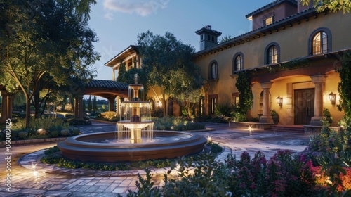 Villa with Courtyard Fountain and Evening Glow  photo