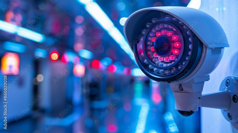Advanced security camera with LED lights in a vibrant, neon-lit indoor setting, enhancing surveillance and security. Advanced security camera with LED lights in a vibrant, neon-lit indoor setting, enhancing surveillance and security.