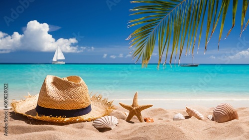 Summer background, beach scene, sandy beach with a straw hat, a single starfish, and a few seashells © Deep Ai Generation