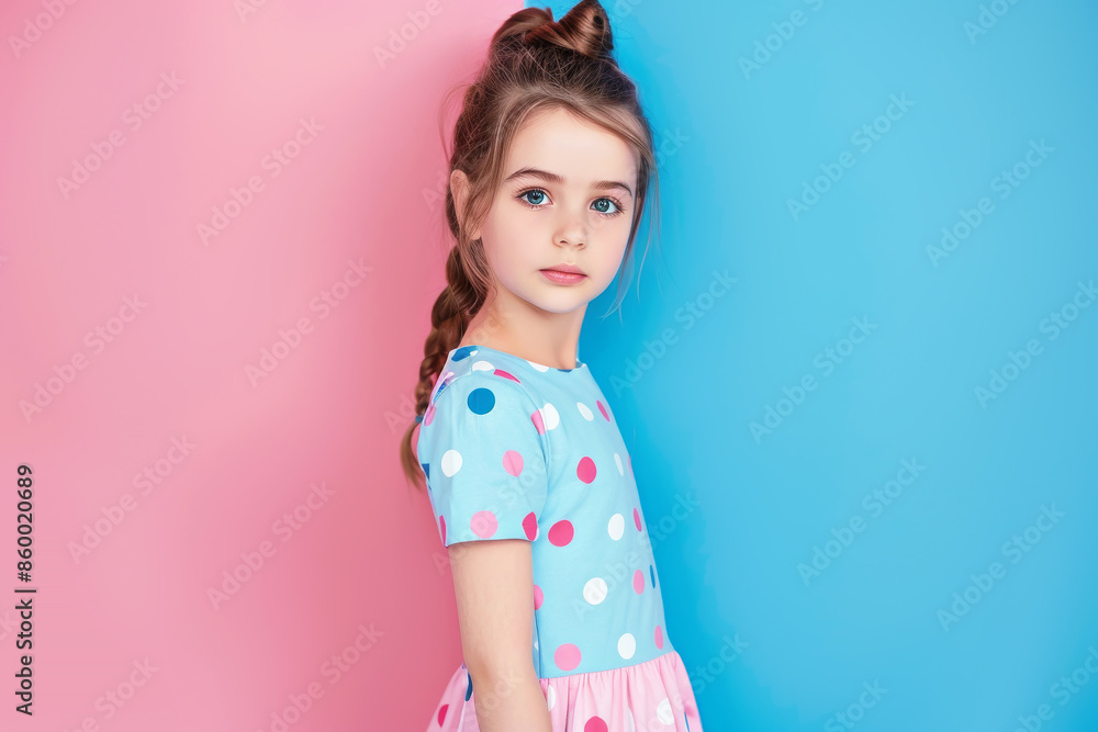 Cute little girl model in bright summer outfit. Kids fashion concept Cute little girl model in bright summer outfit. Kids fashion concept