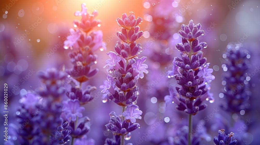Obraz premium Close-up of vibrant lavender flowers in bloom under golden sunlight, with delicate bokeh effect. Perfect for nature and floral themes.