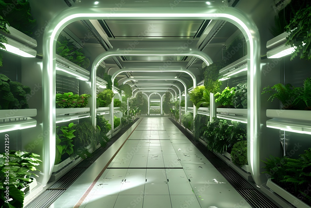 Futuristic hallway with green plants and glowing lights. Futuristic hallway with green plants and glowing lights.