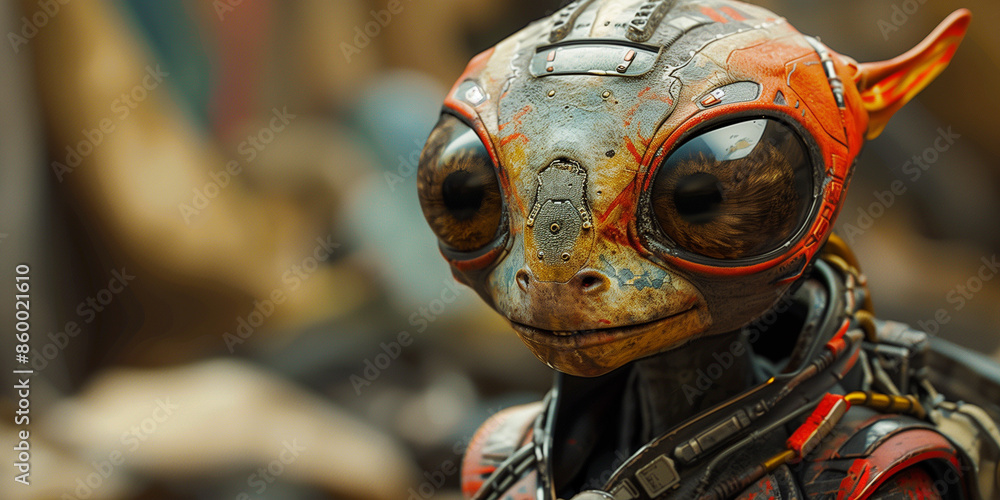 A detailed shot of a humanoid alien creature with large, expressive eyes, a unique facial structure, and a futuristic, mechanical suit A detailed shot of a humanoid alien creature with large, expressive eyes, a unique facial structure, and a futuristic, mechanical suit