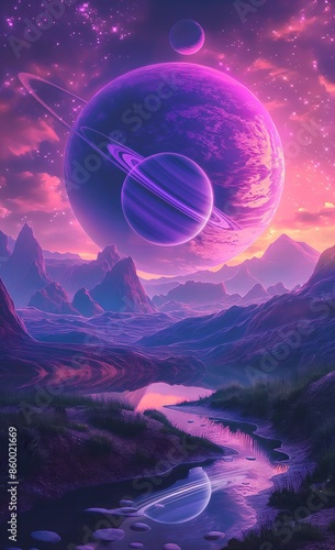 two planets with rings in the sky, fantasy landscape