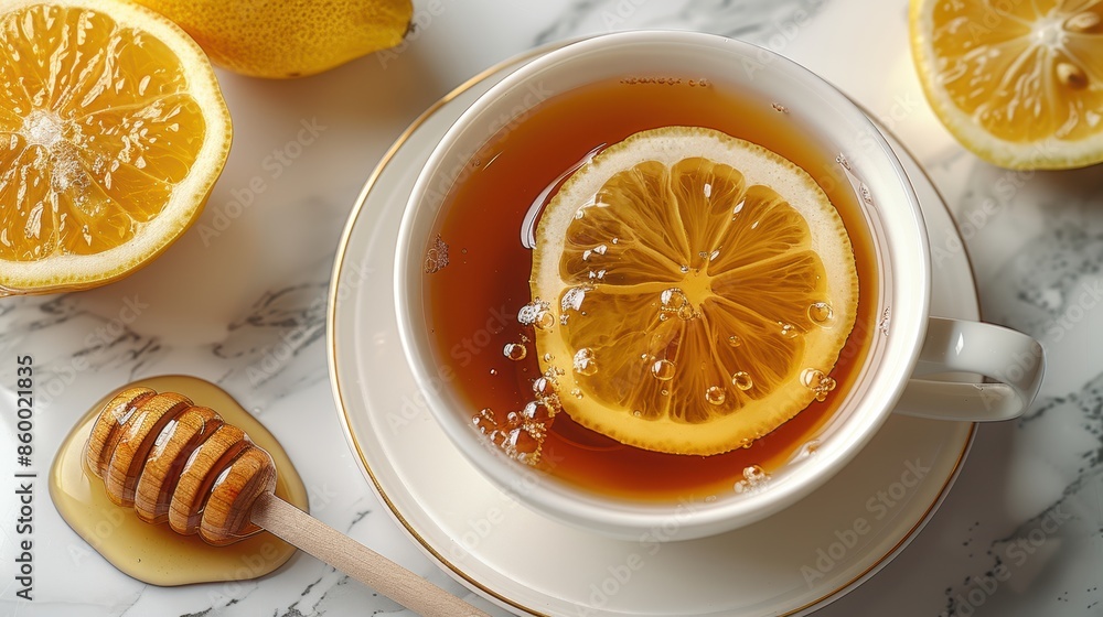 Delicious hot tea with lemon, honey, and fresh slices of lemon, presented on a marble surface for a refreshing and soothing drink. Delicious hot tea with lemon, honey, and fresh slices of lemon, presented on a marble surface for a refreshing and soothing drink.