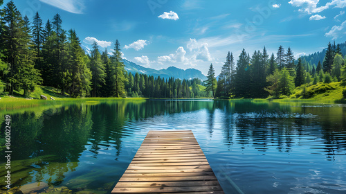 Serene Lake with Reflective Water and Towering Pines Emanating Stability and Tranquility in Nature