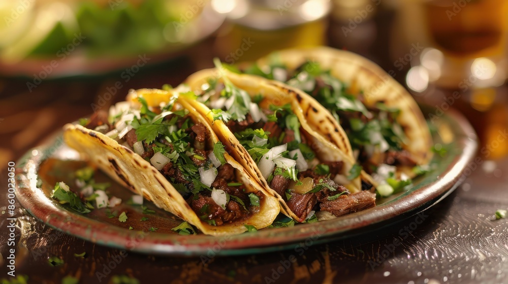 Delicious Beef Tacos Garnished with Fresh Cilantro on Plate Delicious Beef Tacos Garnished with Fresh Cilantro on Plate