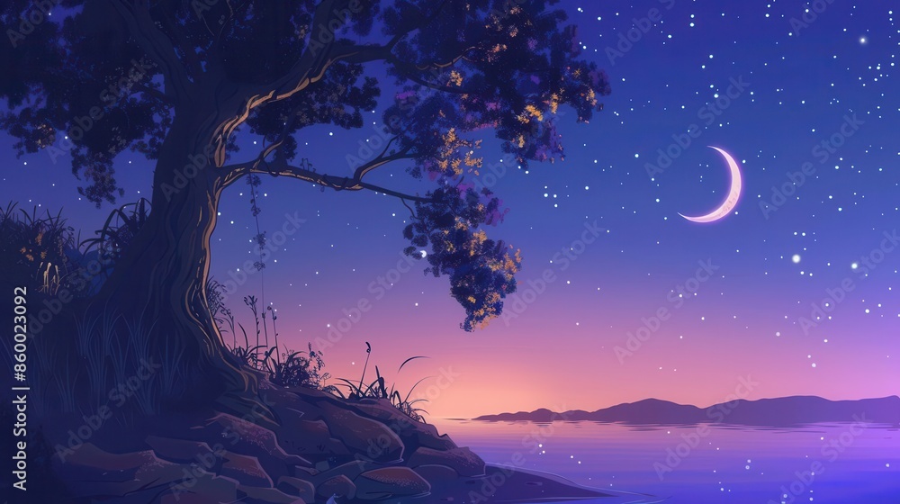 crescent moon, gentle breeze, moonlit evening, peaceful night, calm surroundings, soft whispers, starlit sky crescent moon, gentle breeze, moonlit evening, peaceful night, calm surroundings, soft whispers, starlit sky