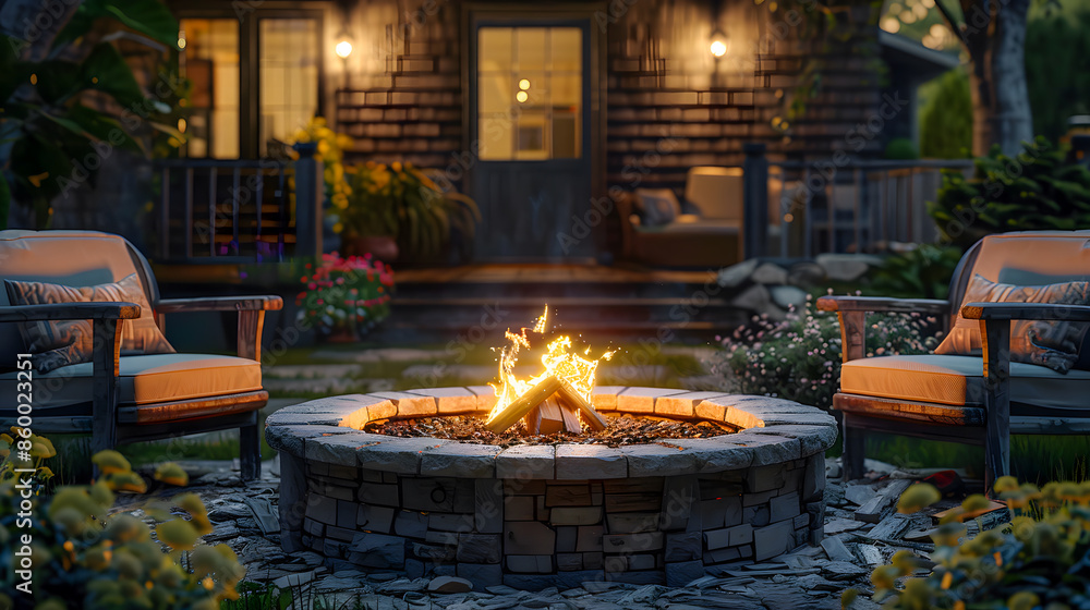 Outdoor fire pit in the backyard, with lawn chairs seating on a late summer or autumn night Outdoor fire pit in the backyard, with lawn chairs seating on a late summer or autumn night