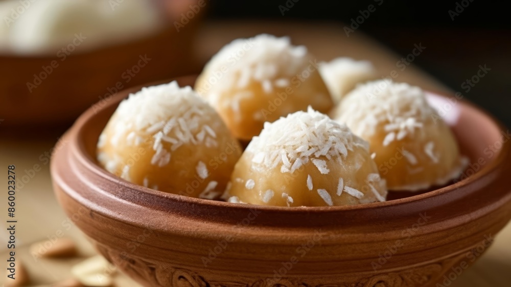 Delicious coconuttopped pastries in a rustic bowl Delicious coconuttopped pastries in a rustic bowl
