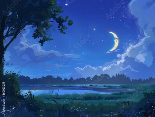crescent moon, moonlit evening, gentle breeze, quiet night, calm atmosphere, tranquil night, serene stars