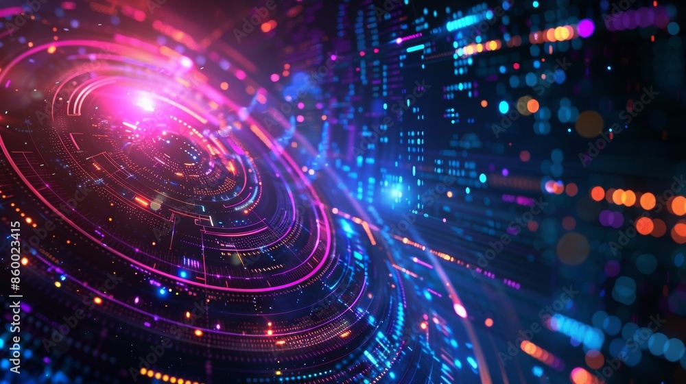 technology mostly Purple space with colourful graphics around the edge, blue and purple hues technology mostly Purple space with colourful graphics around the edge, blue and purple hues