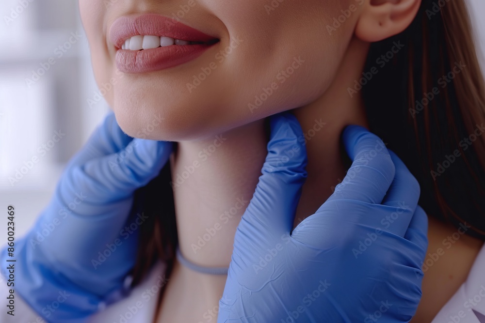 Close-up shot of a smiling woman in a medical context. Blue-gloved hands gently examining her throat. Perfect for healthcare themes, ads, and brochures. Clean, professional look. Generative AI Close-up shot of a smiling woman in a medical context. Blue-gloved hands gently examining her throat. Perfect for healthcare themes, ads, and brochures. Clean, professional look. Generative AI