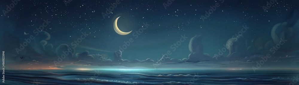 gentle breeze, moonlit evening, crescent moon, quiet night, peaceful scene, tranquil night, starry night gentle breeze, moonlit evening, crescent moon, quiet night, peaceful scene, tranquil night, starry night
