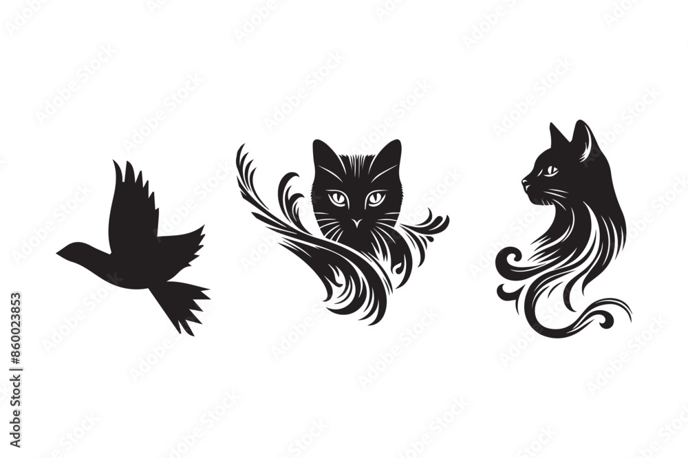 Obraz premium bird and cats head vector silhouette illustration white background.