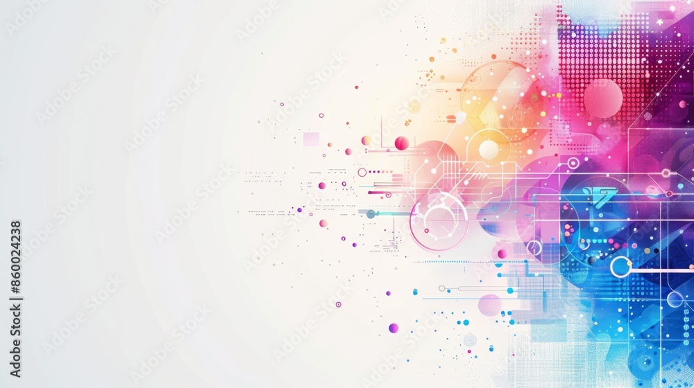 technology mostly white space with colourful graphics around the edge, blue and purple hues technology mostly white space with colourful graphics around the edge, blue and purple hues