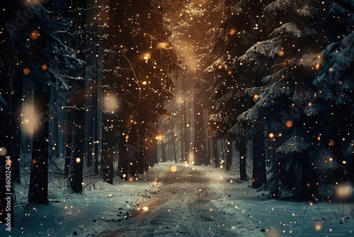 Snow falling at night in a snowy dark forest © Zoraiz
