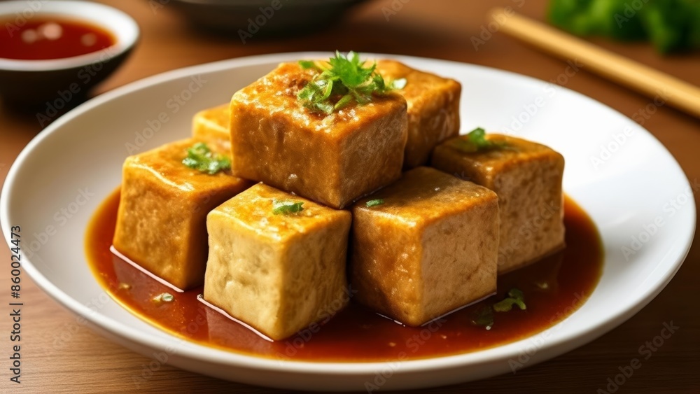 Deliciously stacked tofu cubes in a savory sauce Deliciously stacked tofu cubes in a savory sauce
