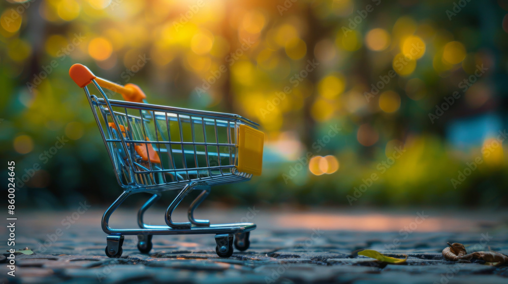 An empty shopping cart left on a cobblestone path, surrounded by a blurred natural background and warm sunlight. An empty shopping cart left on a cobblestone path, surrounded by a blurred natural background and warm sunlight.