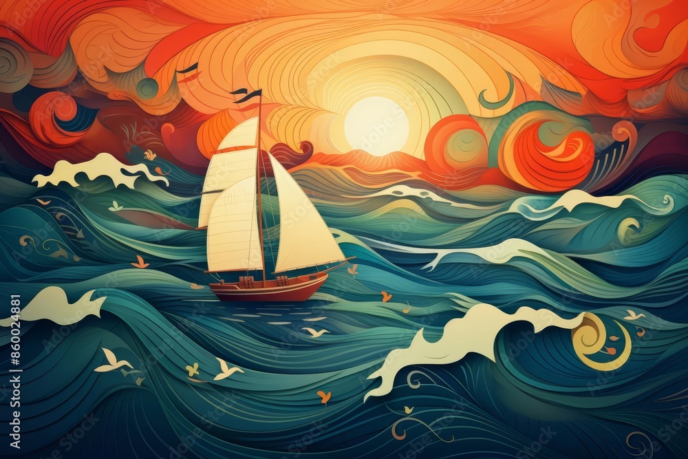 Naklejka premium Adventurous sailing flat design top view summer sea theme animation Triadic color scheme