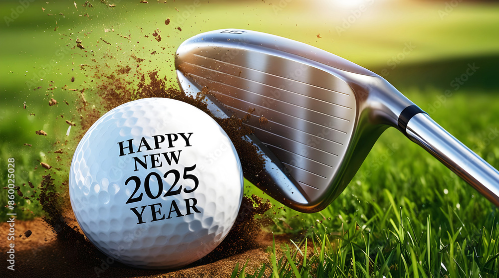 Golf club hitting golf ball with text Happy new 2025 year, sport background, festive template