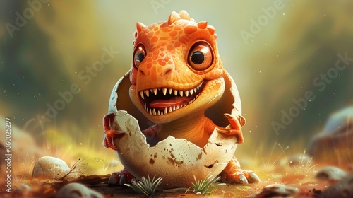 A cute cartoon illustration of a baby T-Rex hatching from an egg, with a happy expression and small, stubby arms. photo