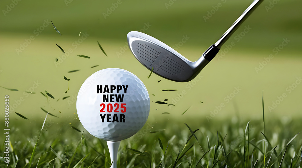 Golf club hitting golf ball with text Happy new 2025 year, sport background, festive template