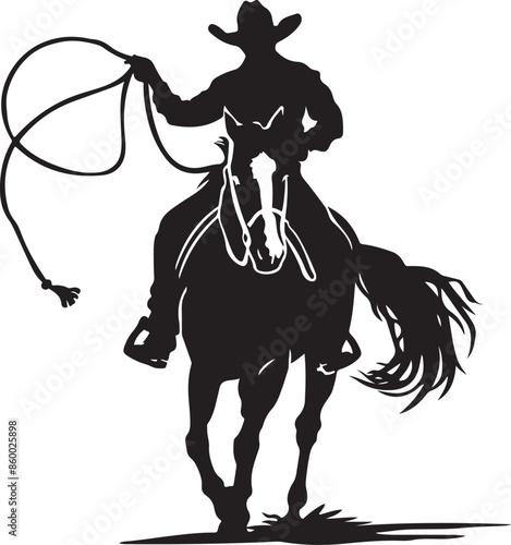 Cowboy silhouette with rope lasso on horse