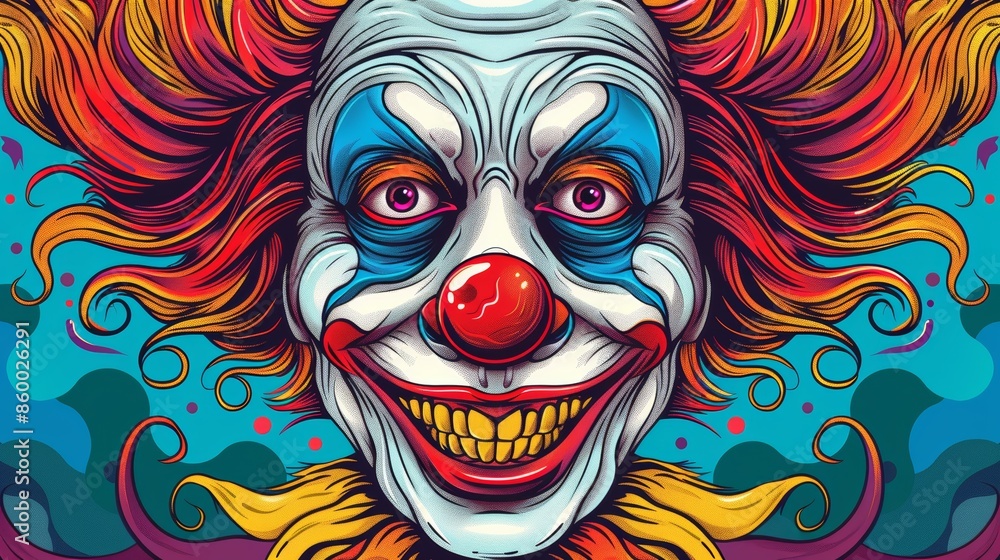 A fun coloring page of a clown face, with exaggerated features like a big red nose, colorful wig, and oversized smile. A fun coloring page of a clown face, with exaggerated features like a big red nose, colorful wig, and oversized smile.