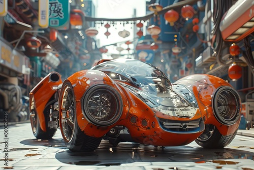 Futuristic orange car in a vibrant city street with modern architecture and festive lanterns overhead, creating a lively atmosphere. photo