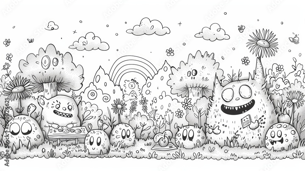 A group of silly monsters having a picnic in a whimsical forest, with trees, flowers, and a rainbow in the background, ready to be colored in with a variety of shades. A group of silly monsters having a picnic in a whimsical forest, with trees, flowers, and a rainbow in the background, ready to be colored in with a variety of shades.